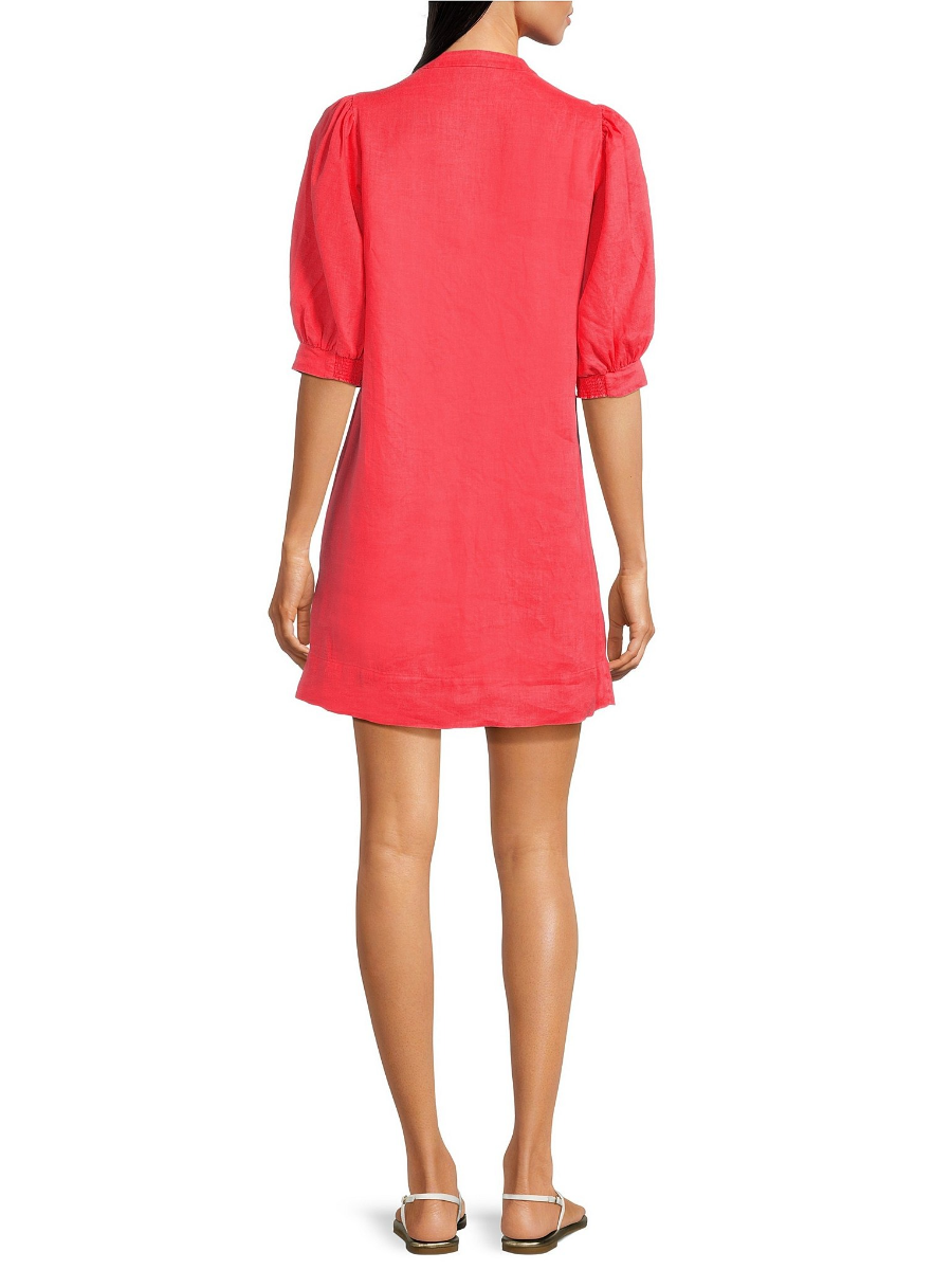 Linen V Neck Puff Sleeve Mini Dress