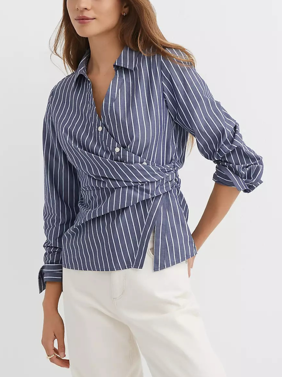 Stripe Side Shirred Poplin Shirt