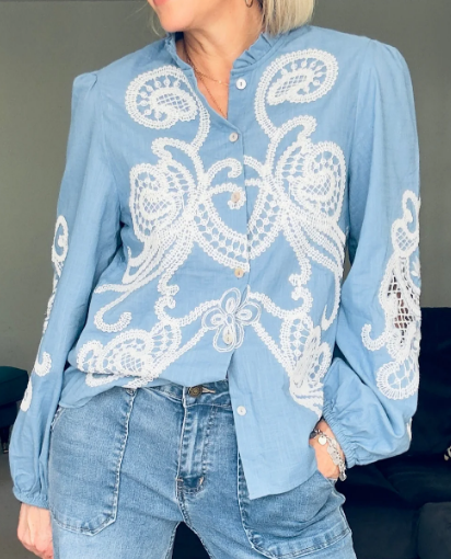Chill Embroidered Wood-Edge Blouse