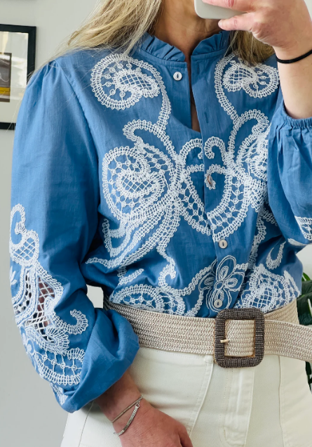 Chill Embroidered Wood-Edge Blouse