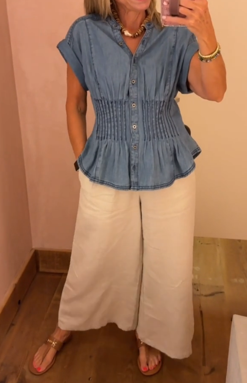 Pleated Corset Denim Blouse