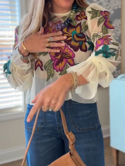 Floral Embroidered Mesh Top