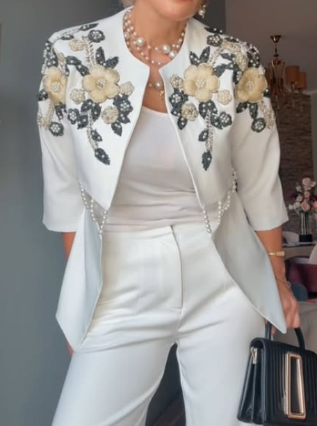 Flower Embroidered Pearl Blazer