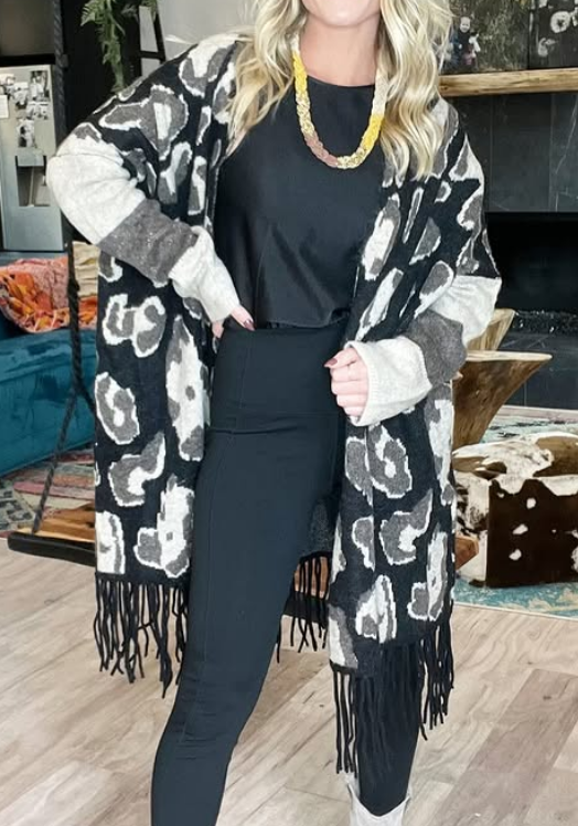 Tassel Stretchy Animal Print Cardigan