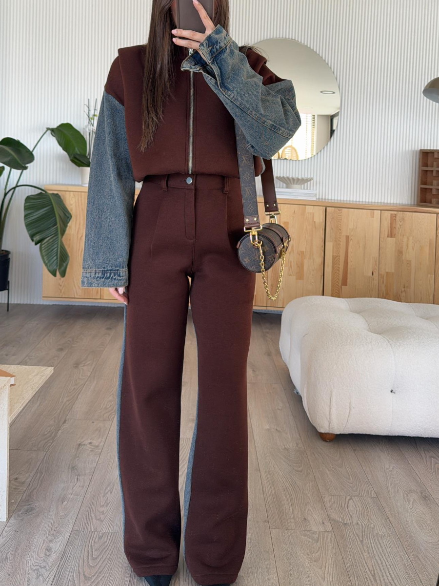 Brown Front Zippered Garnished Denim Suit