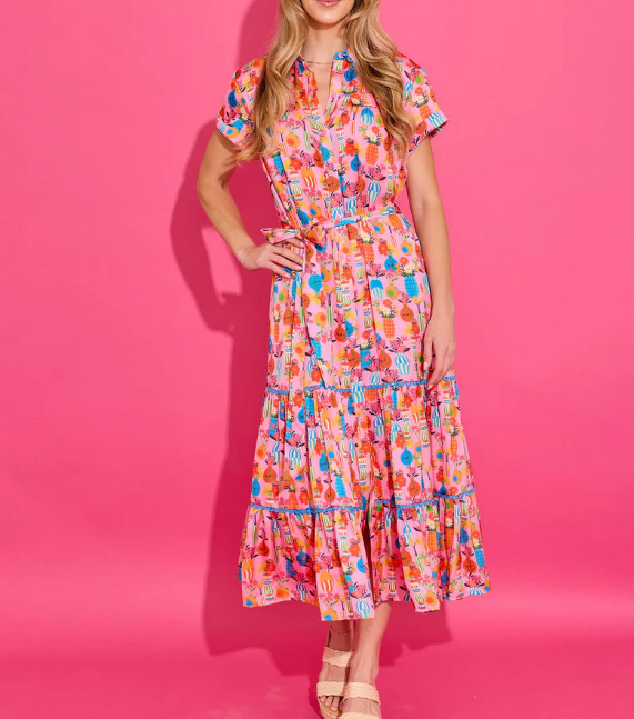 Tropical Print Tiered Midi Dress