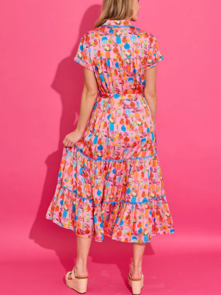 Tropical Print Tiered Midi Dress
