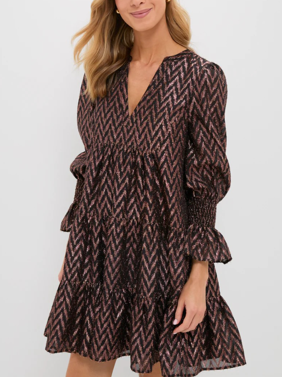 Rose Gold Chevron Sequin Ruffle-Sleeve Mini Dress