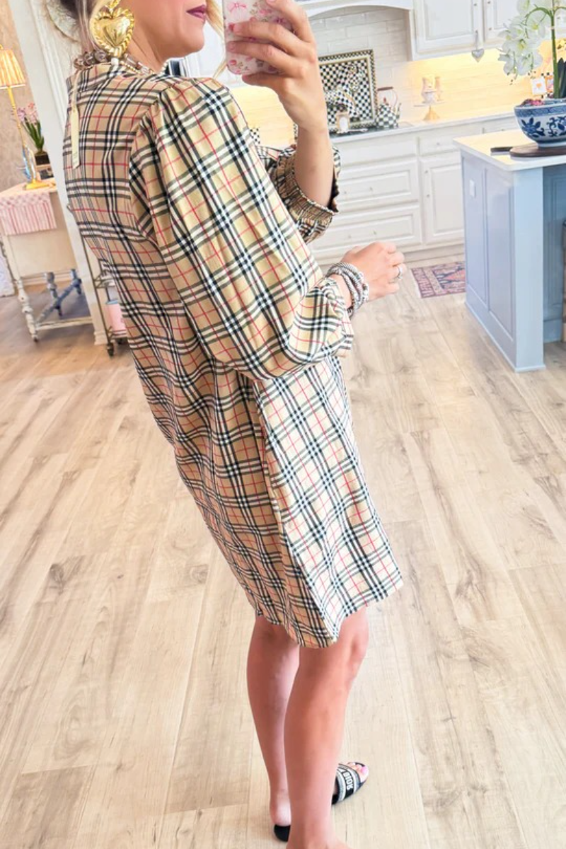 Taupe Mix Print Long Sleeve Midi Dress