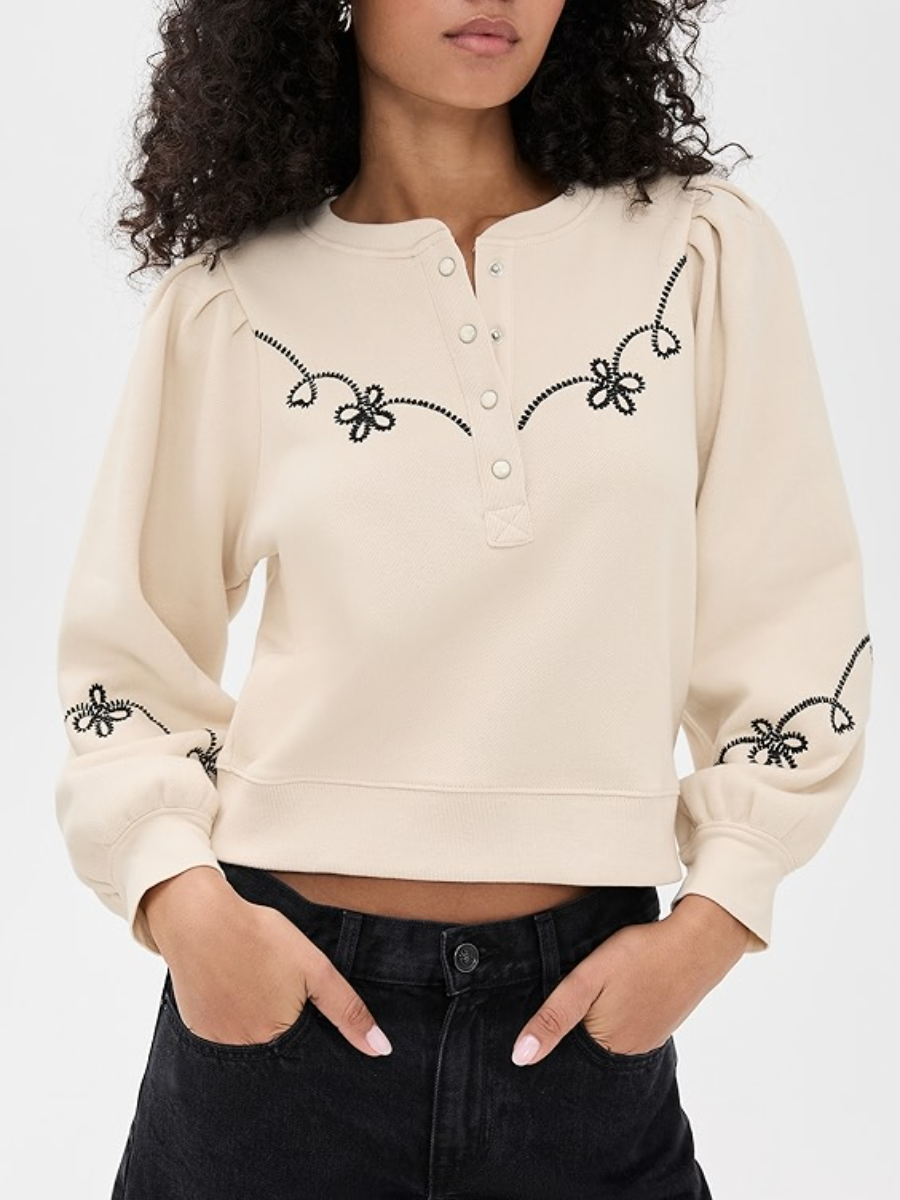 Embroidered Puff - Sleeve Henley Sweatshirt