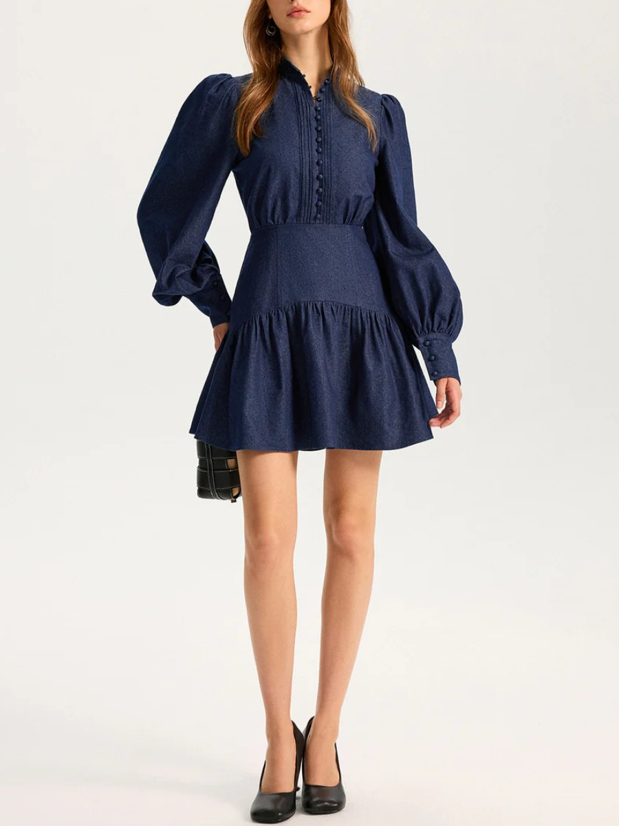 Denim Stand Collar Puff Sleeve Mini Dress
