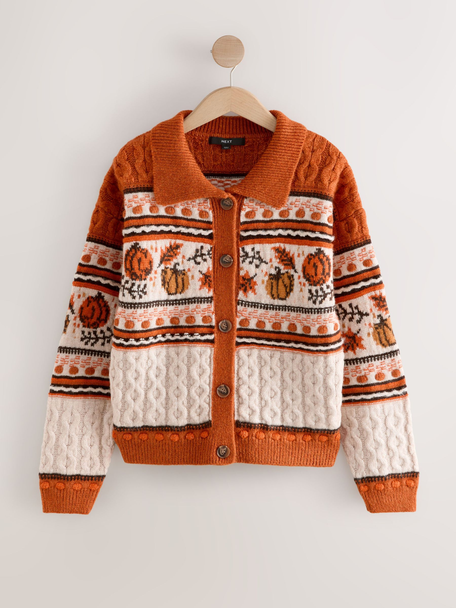 Orange Halloween Pumpkin Twist Collar Cardigan