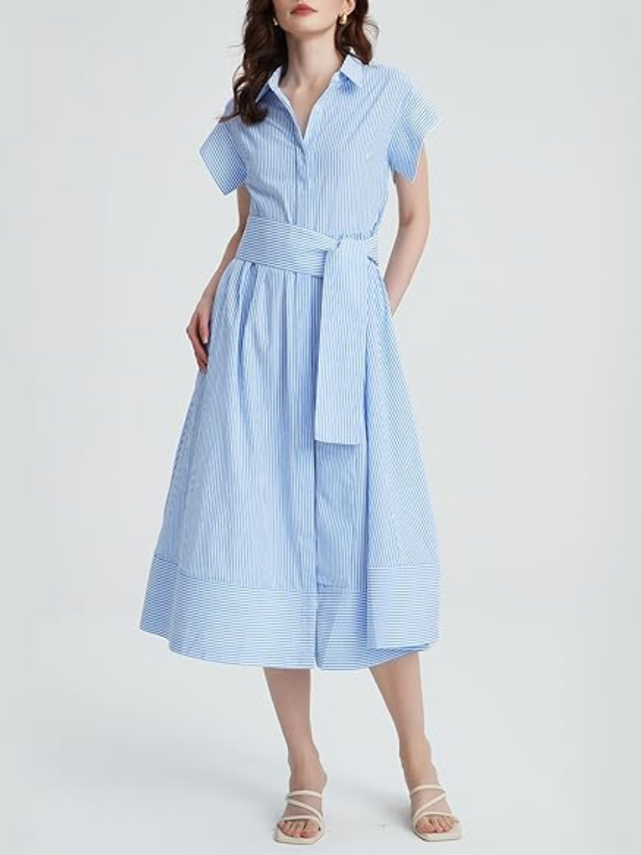 Striped Belted Shirt Midi Dress