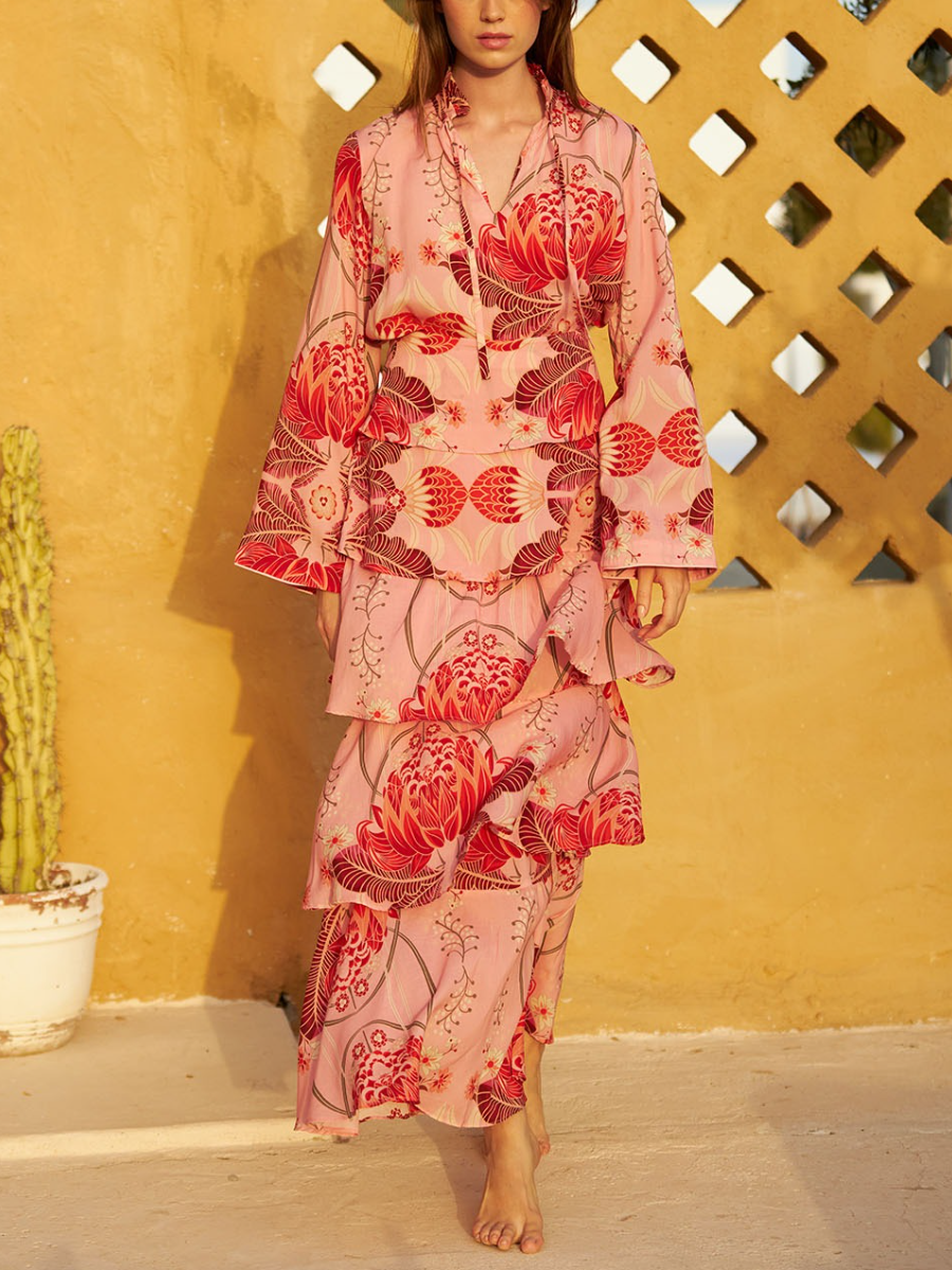 Lotus Print Tiered Skirt Set