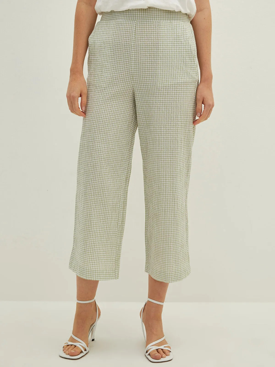 Elastic Waist High Waist Loose Fit Plaid Pants
