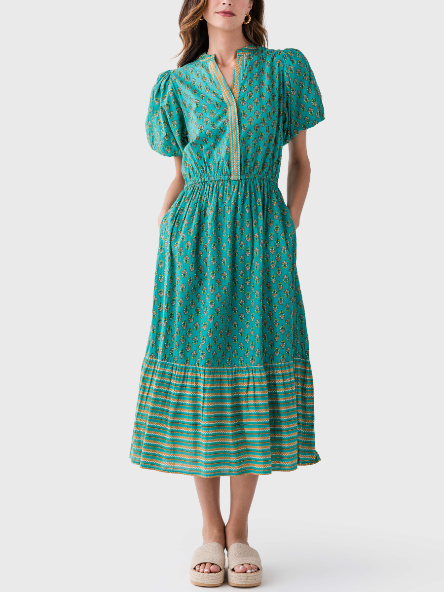 Sweet Green Print Puff Sleeve Dress