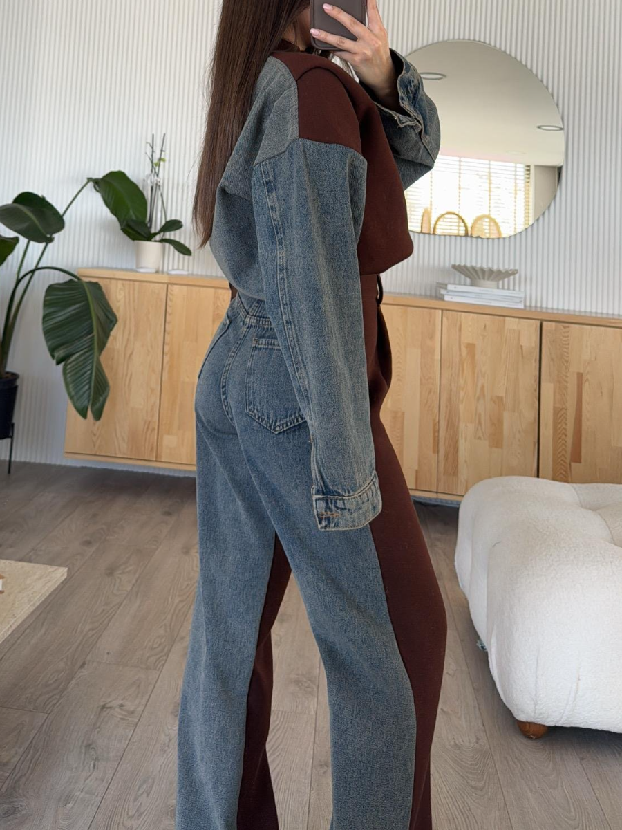 Brown Front Zippered Garnished Denim Suit