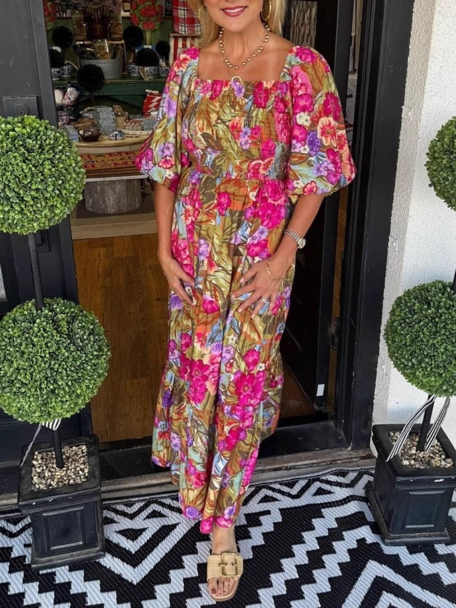 Floral Square Neck Smocked Dress