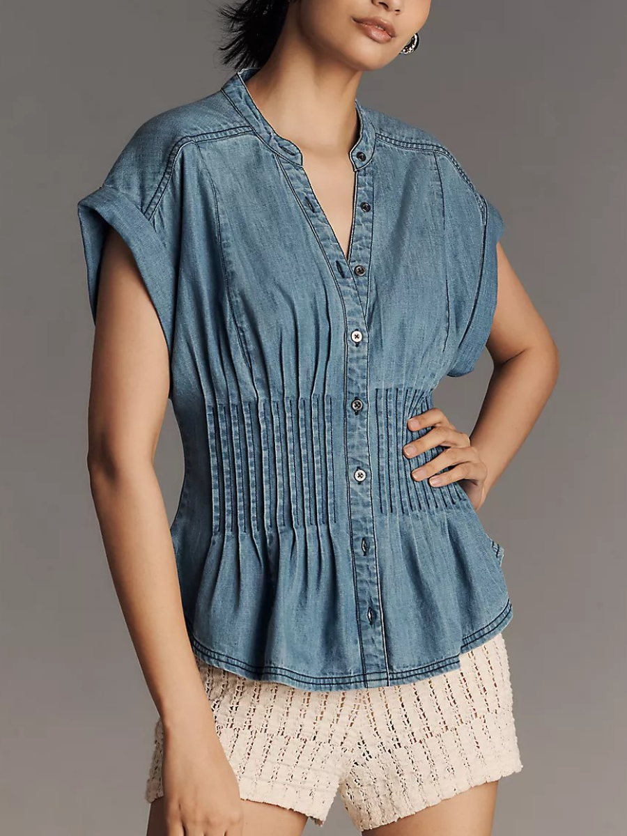 Denim V Neck Pleated Button Up Blouse