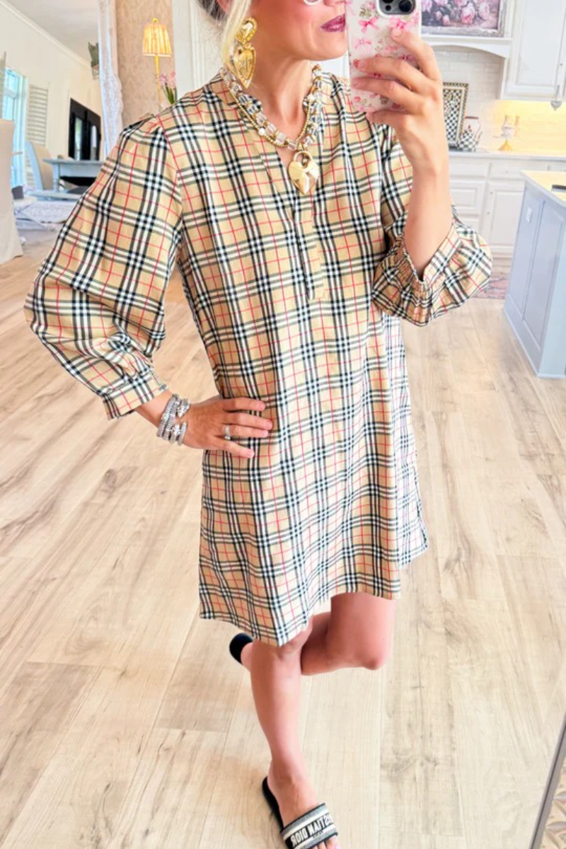 Taupe Mix Print Long Sleeve Midi Dress