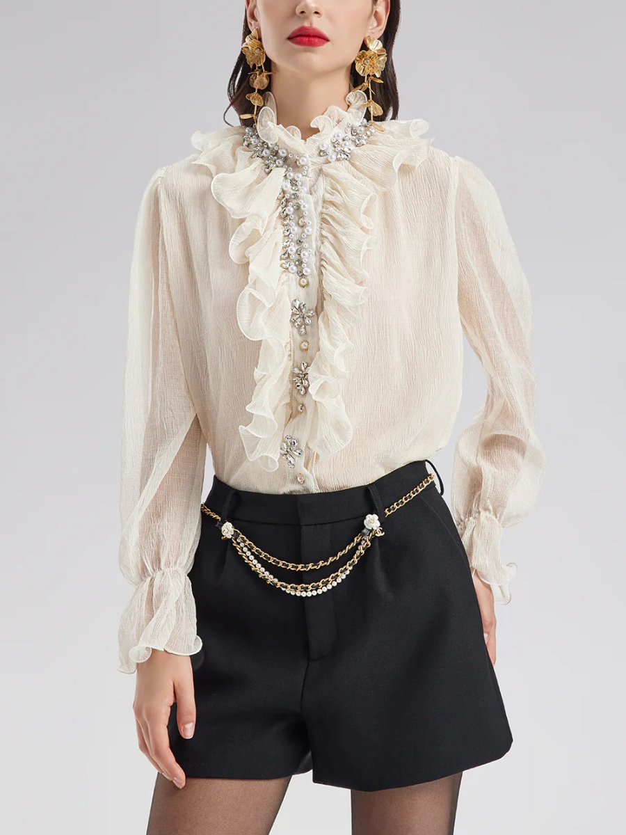 Ruffled Stand Collar Beaded Shirt