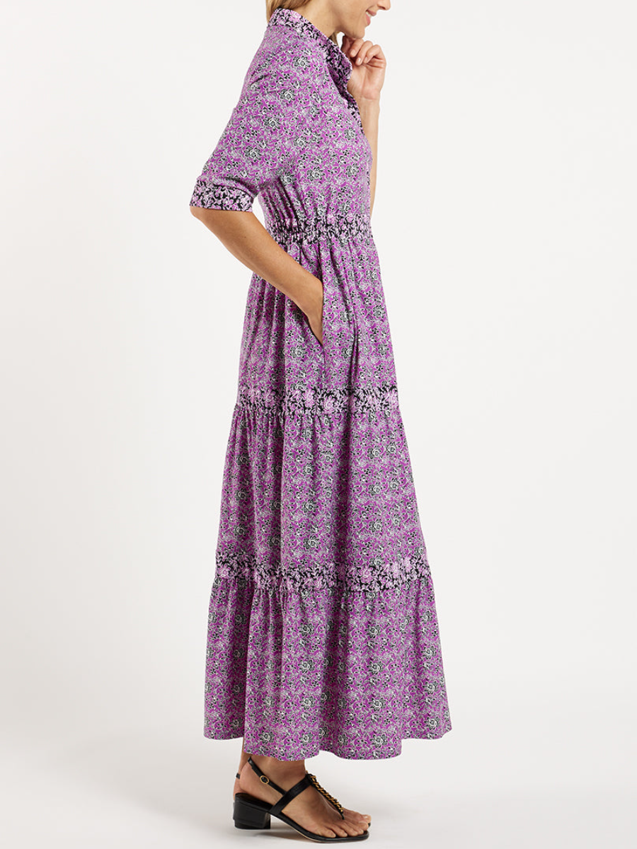 Elegant Floral Mandarin Collar Puff Shoulder Maxi Dress