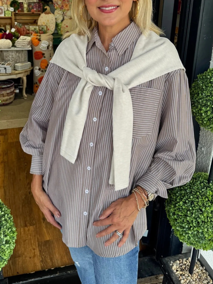 Scarf-embellished Striped Blouse