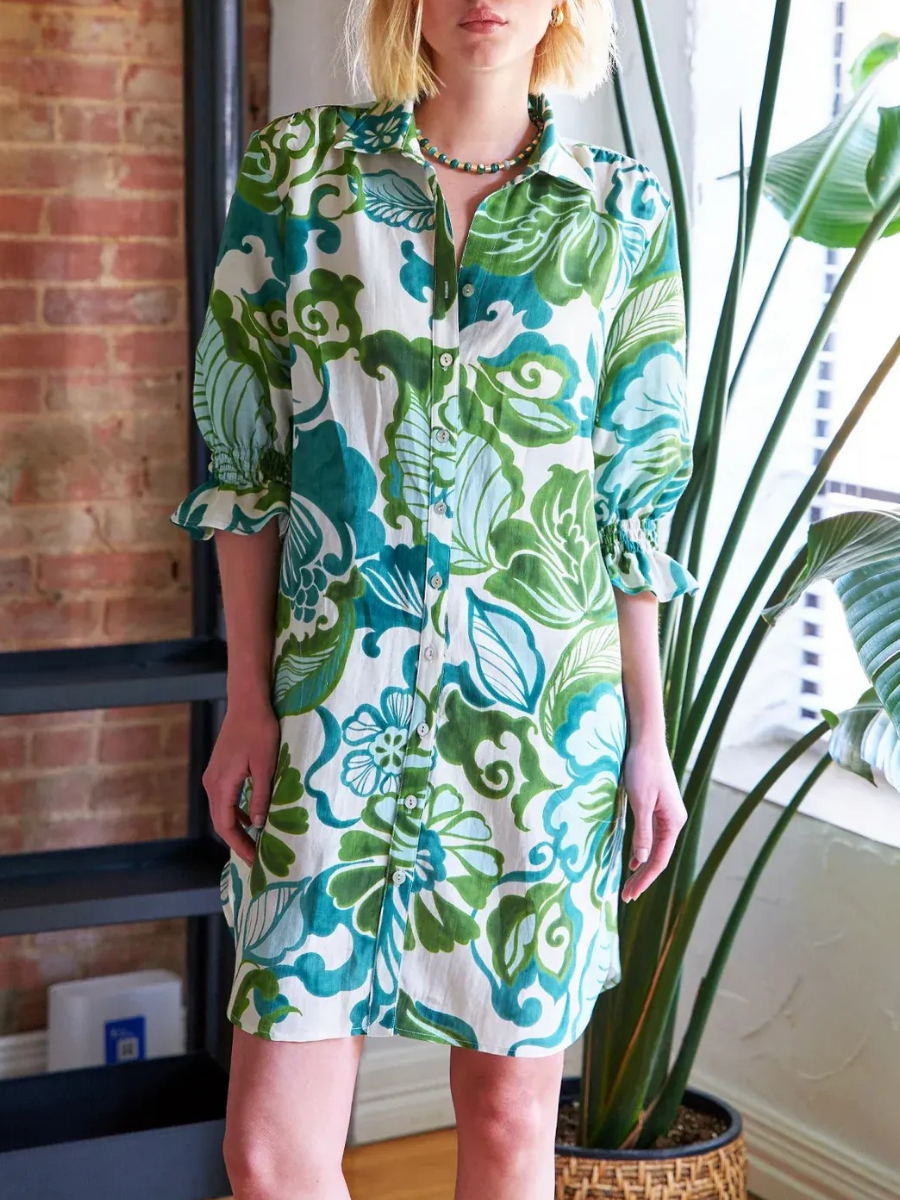Botanical Print Button Down Shirt Dress