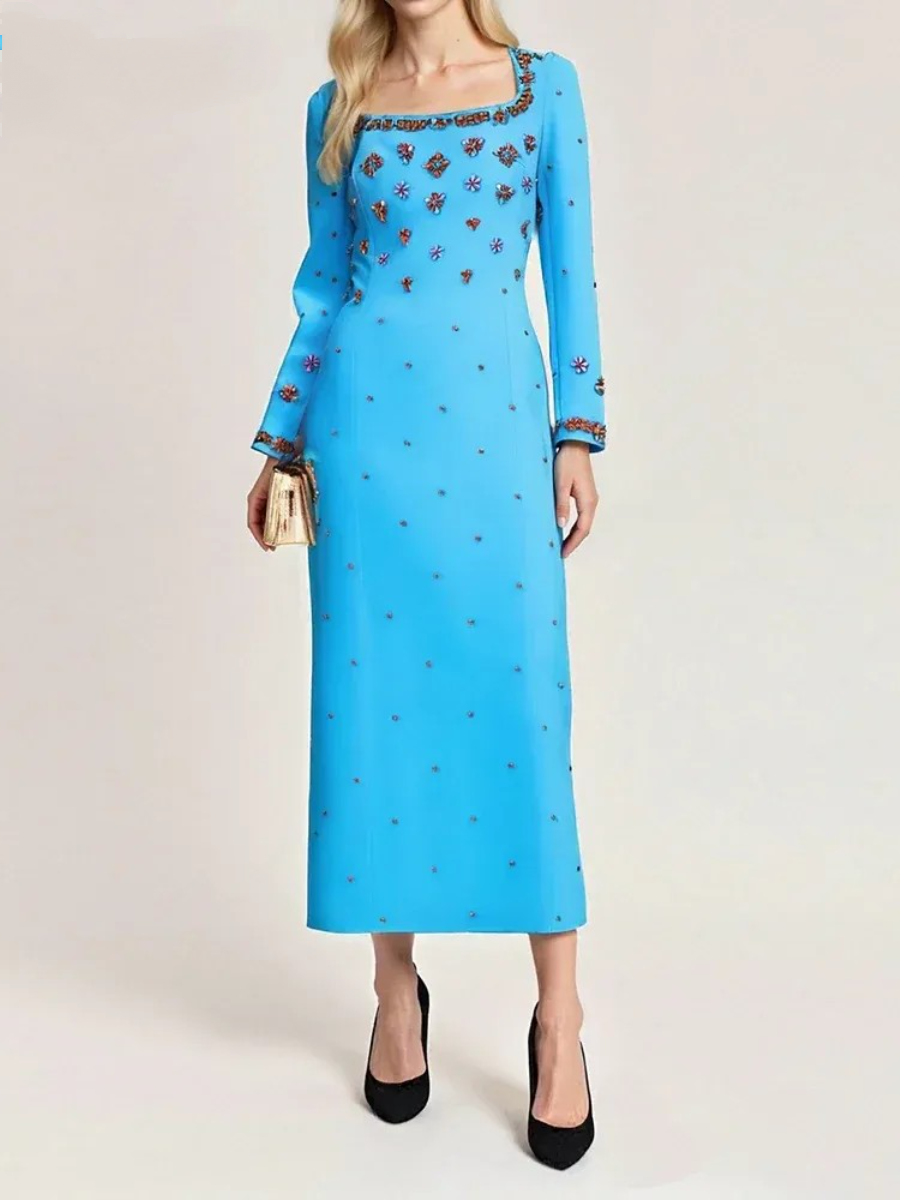 Solid Slimming Spliced Bead Luxurious Dress