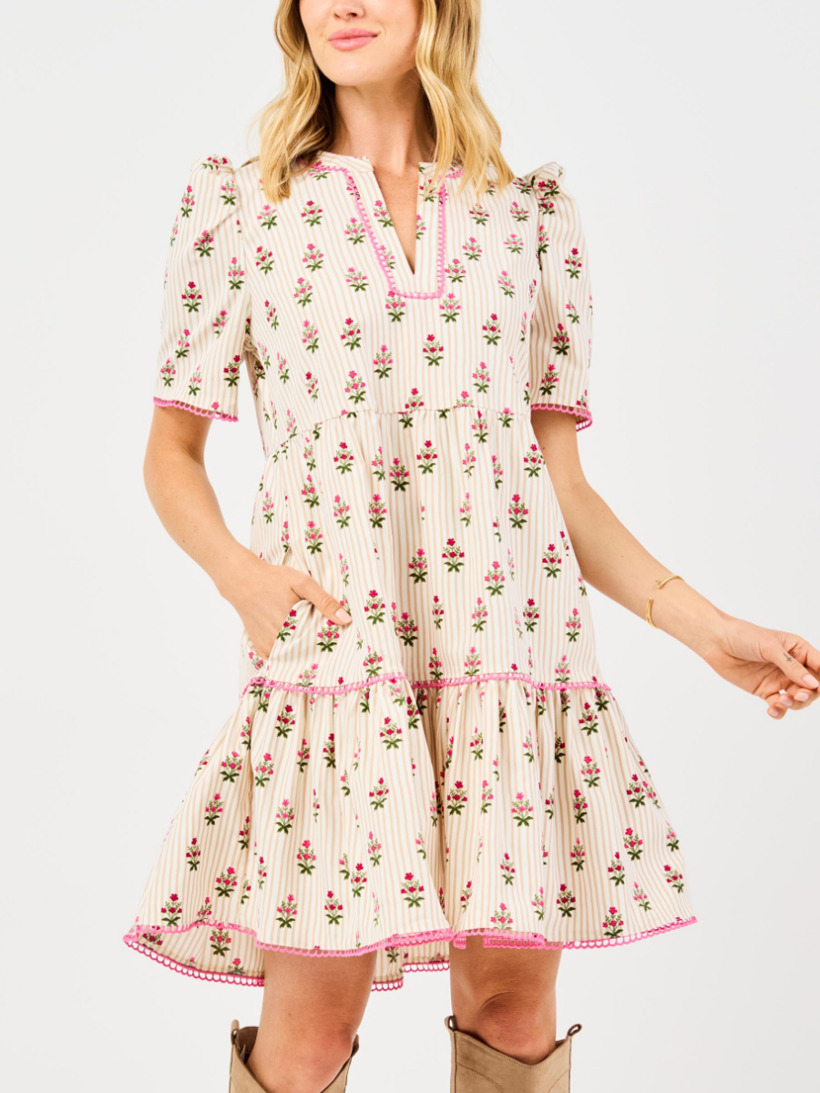 Floral Striped Puff Sleeve Dress