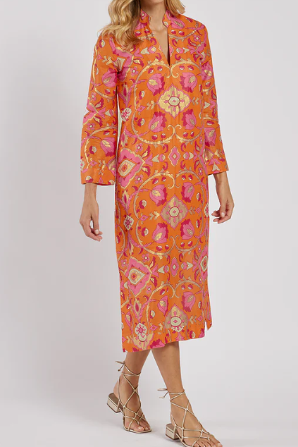 The Hot Orange Printed Midi Dress