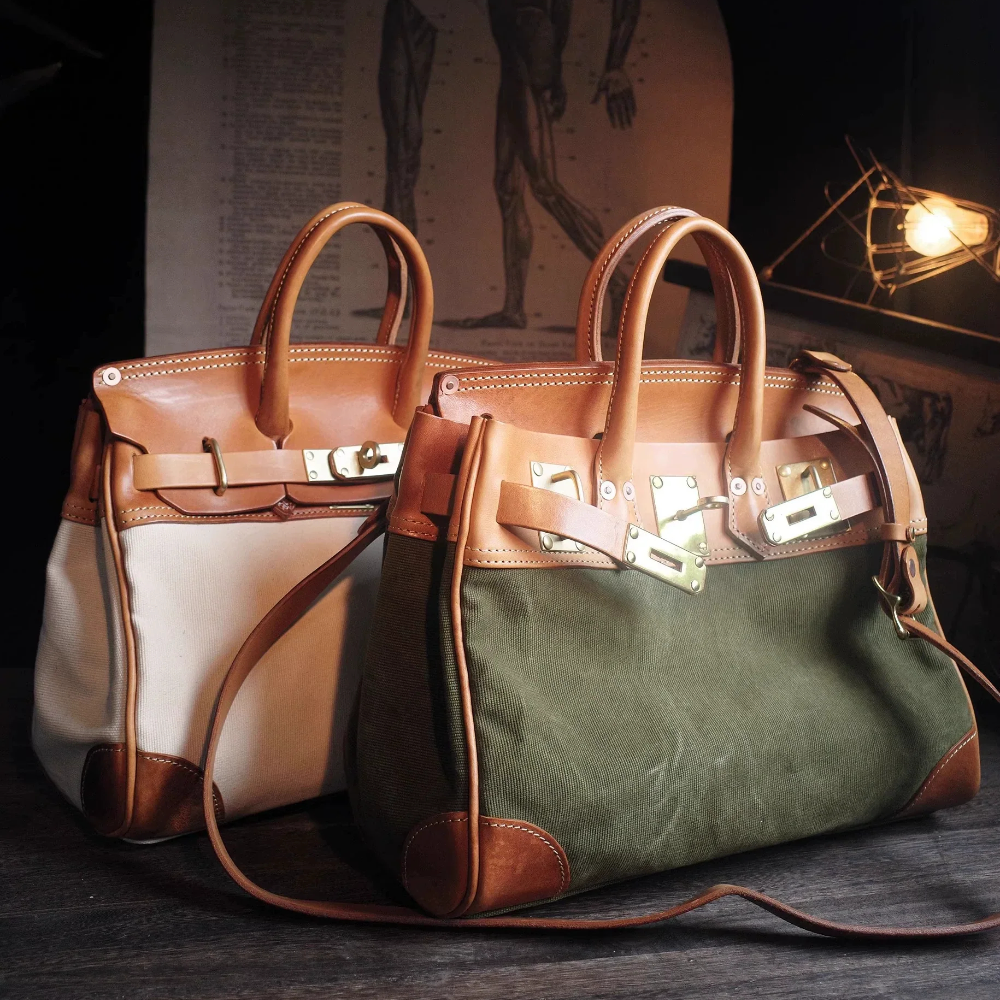 Two-Tone Canvas And Leather Handbag