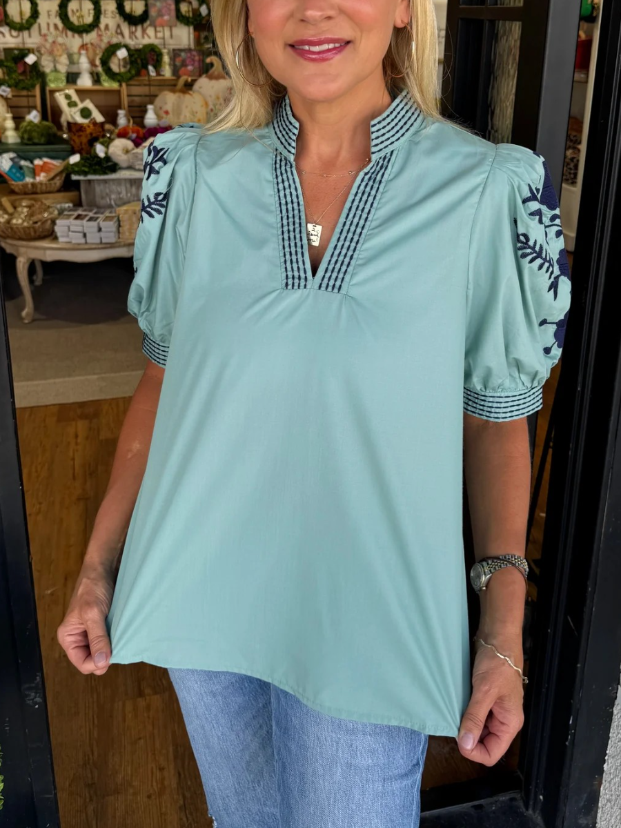 Boho Embroidered Mock Neck Top