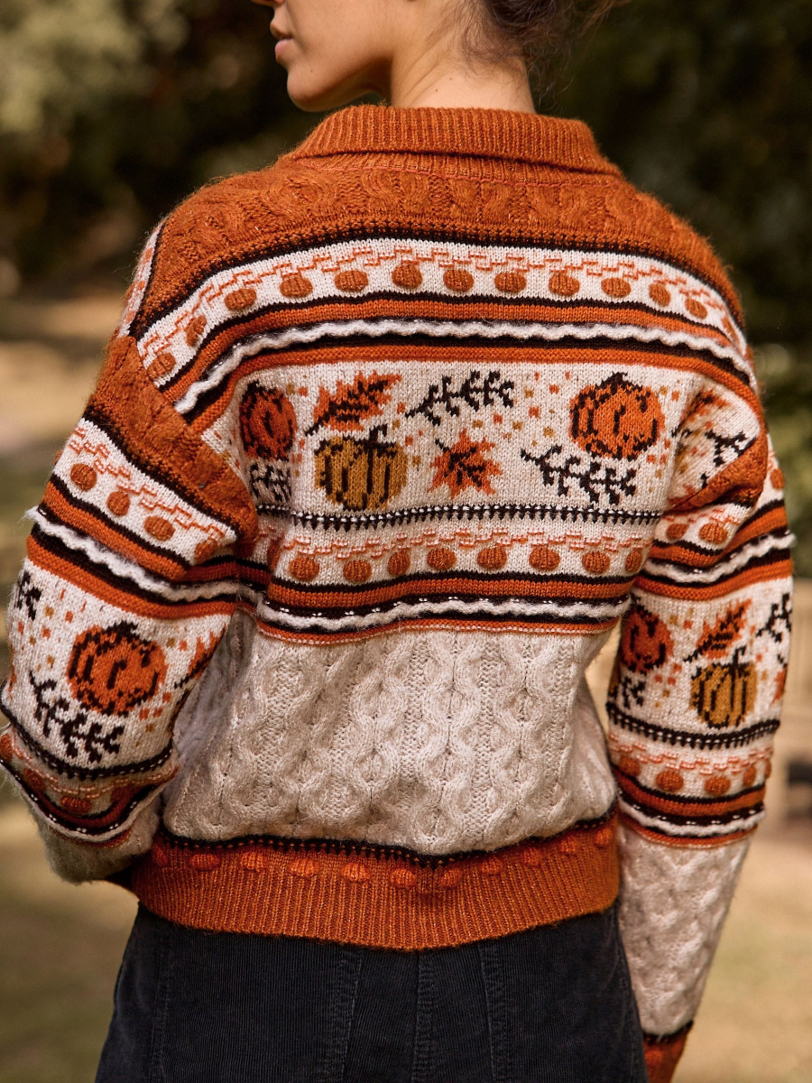 Orange Halloween Pumpkin Twist Collar Cardigan