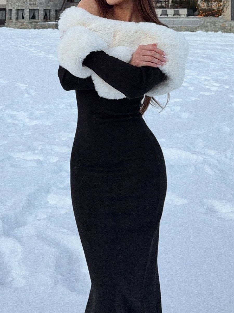 Skew Neck Faux Fur Knit Maxi Dress