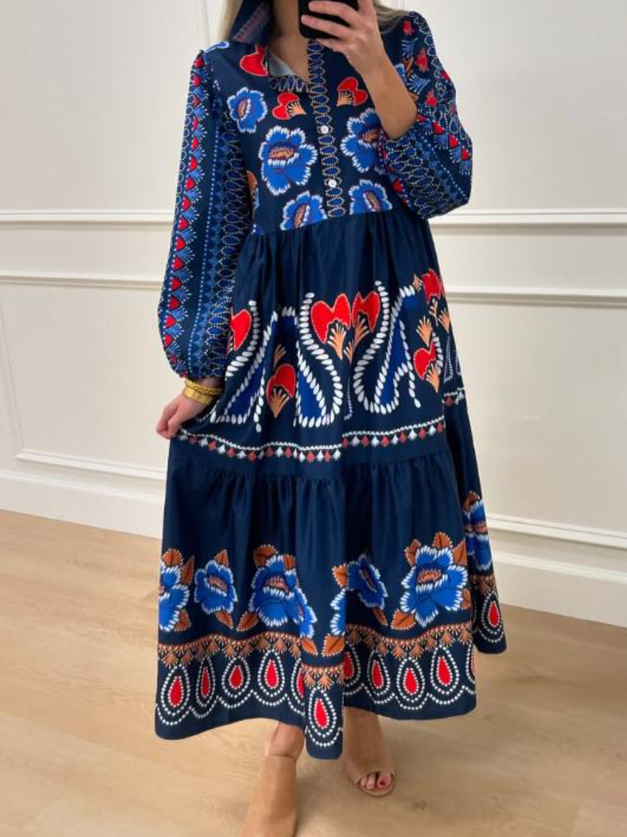 Blue Elegant Printed Midi Dress