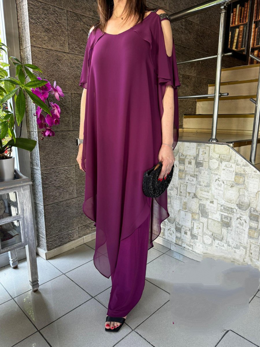 Sequin Chiffon Irregular Hem Cold Shoulder Jumpsuit