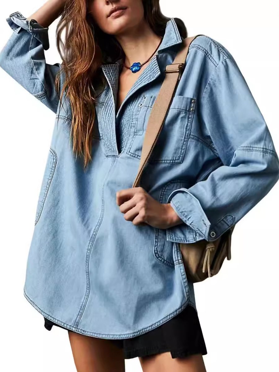 Casual V-Neck Denim Coat