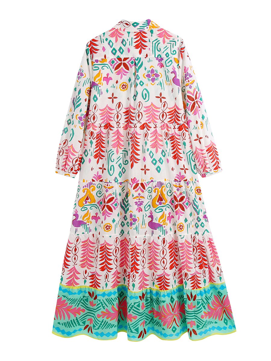 Casual Patchwork Floral Print Lapel Slim Dress