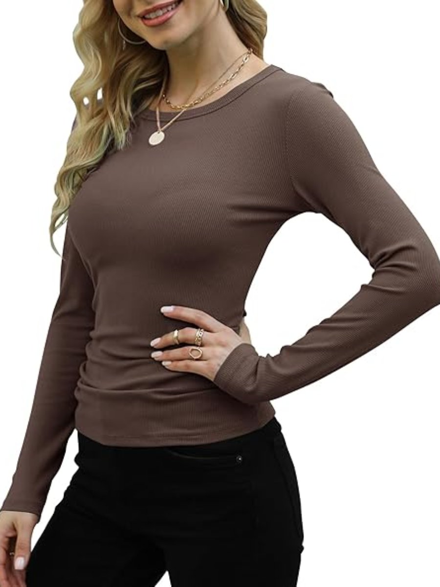 Ribbed Long Sleeve Crewneck Knit Tops