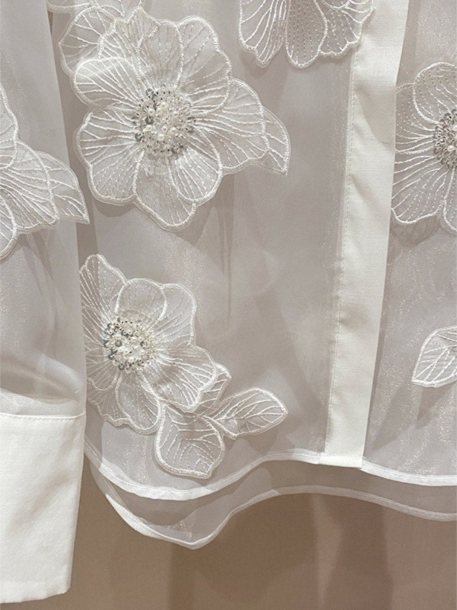 Beaded 3D Flower See-through Shirt