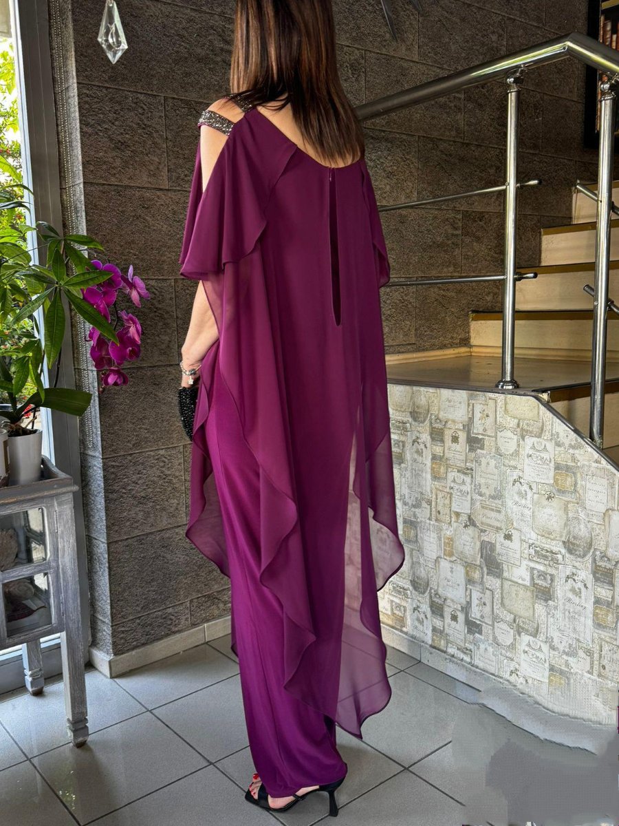 Sequin Chiffon Irregular Hem Cold Shoulder Jumpsuit