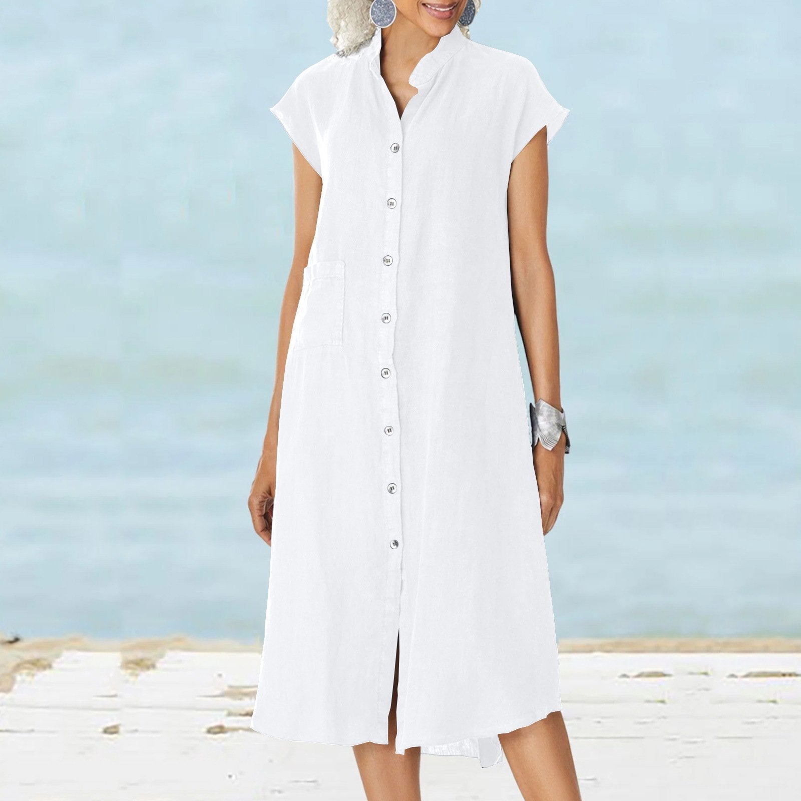 Women’s Button-down Cotton Linen Loose Dress with Pocket