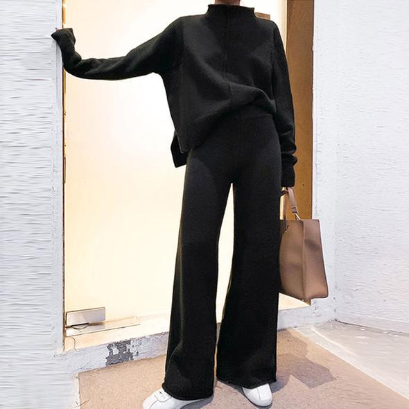 Fashion Elegant Sweater Wide Leg Pants Suit