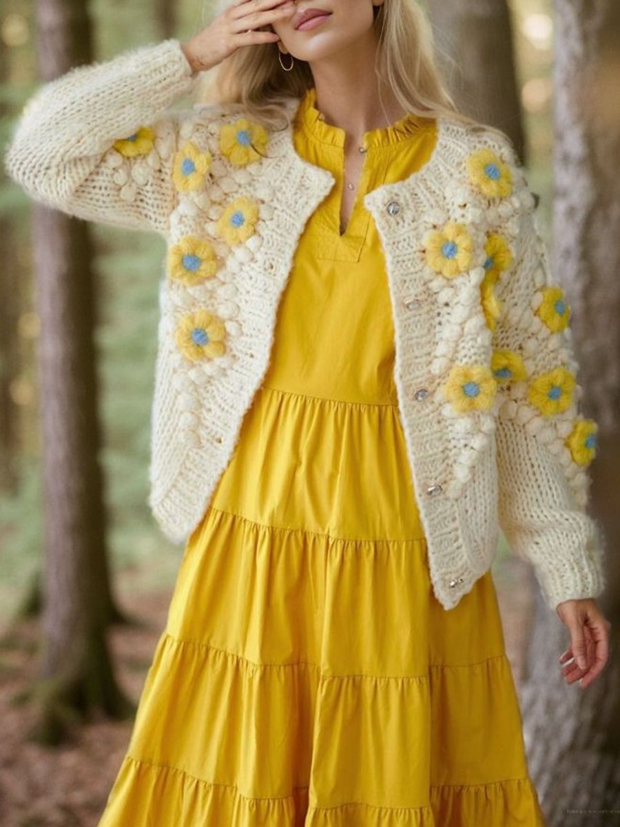 Yellow Floral Pom Pom Knit Cardigan