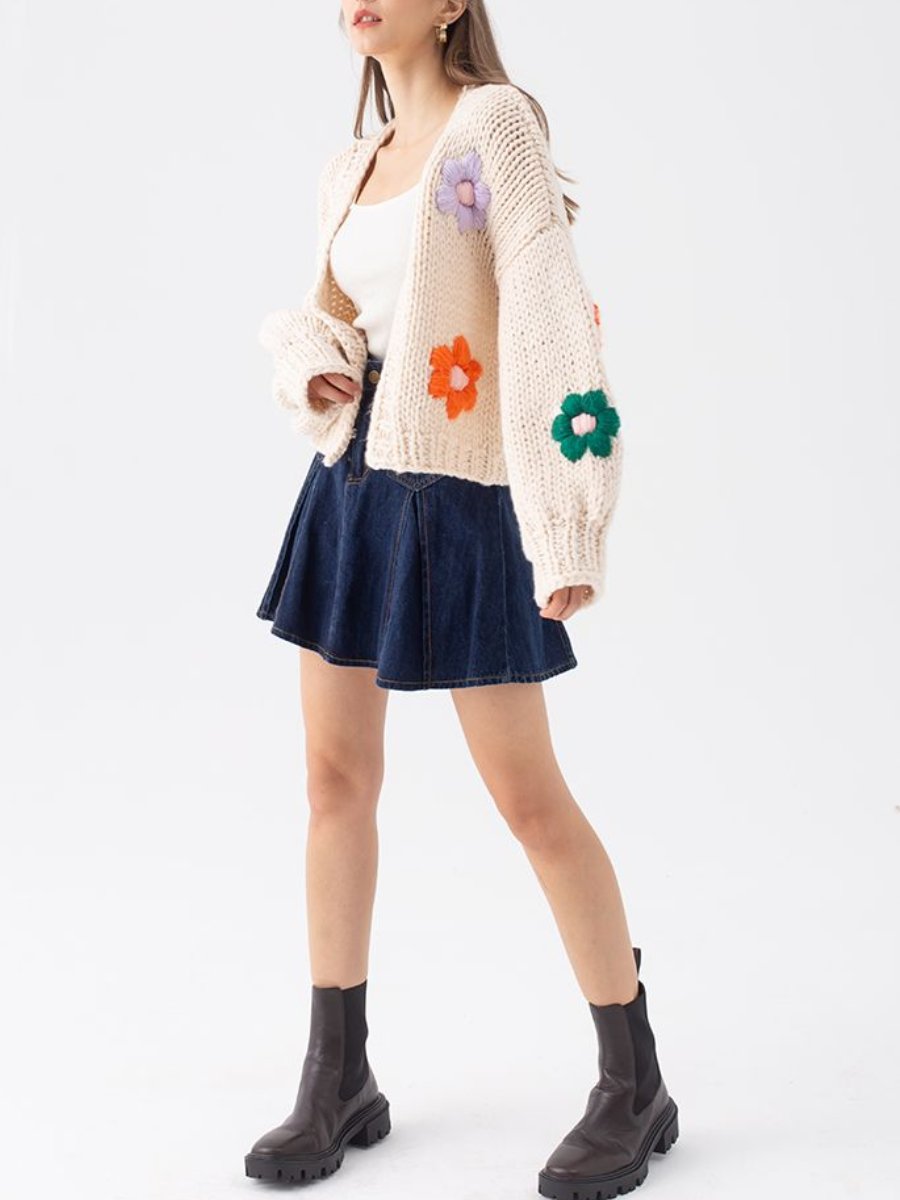 Floral Hand Knit Crew Cardigan