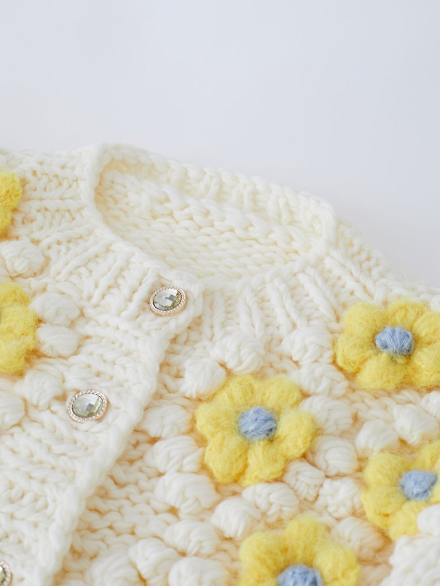 Yellow Floral Pom Pom Knit Cardigan